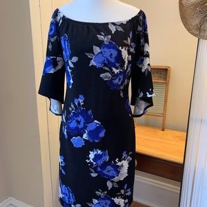 Off Shoulder Floral Trumpet Sleeve Dress